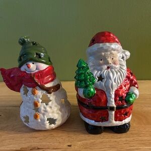 Set Of 2, Tea‎ Light Candle Holders, Santa And Snowman